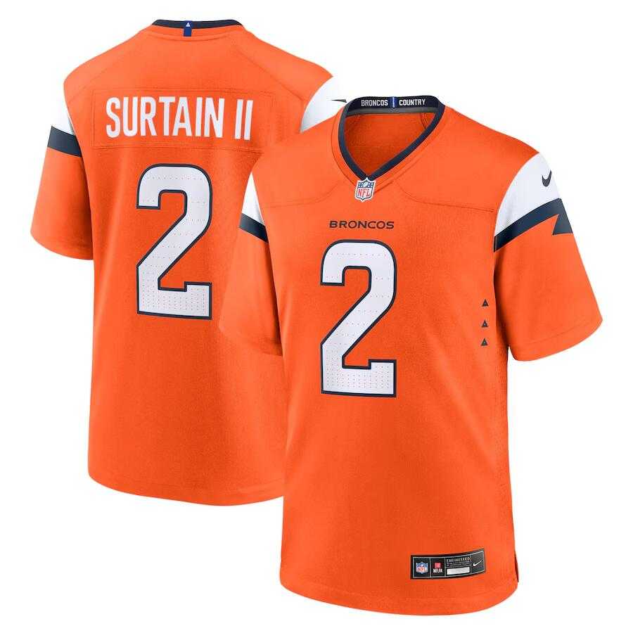 Men%27s Denver Broncos #2 Pat Surtain II Orange 2024 Game Stitched Jersey Dzhi